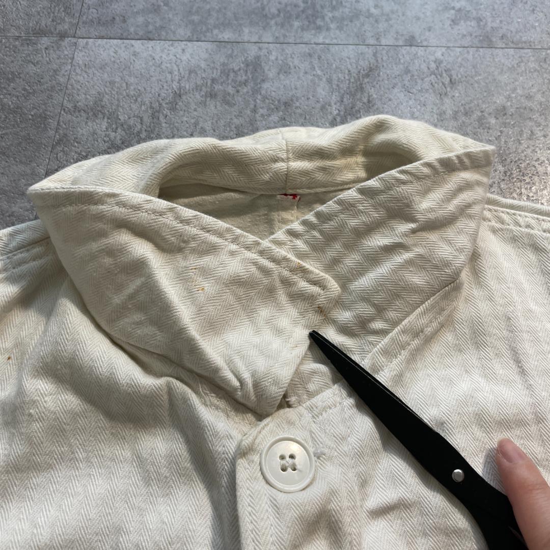 50-60s 刺繍タグ ホワイト ヘリンボーンツイル フレンチワーク