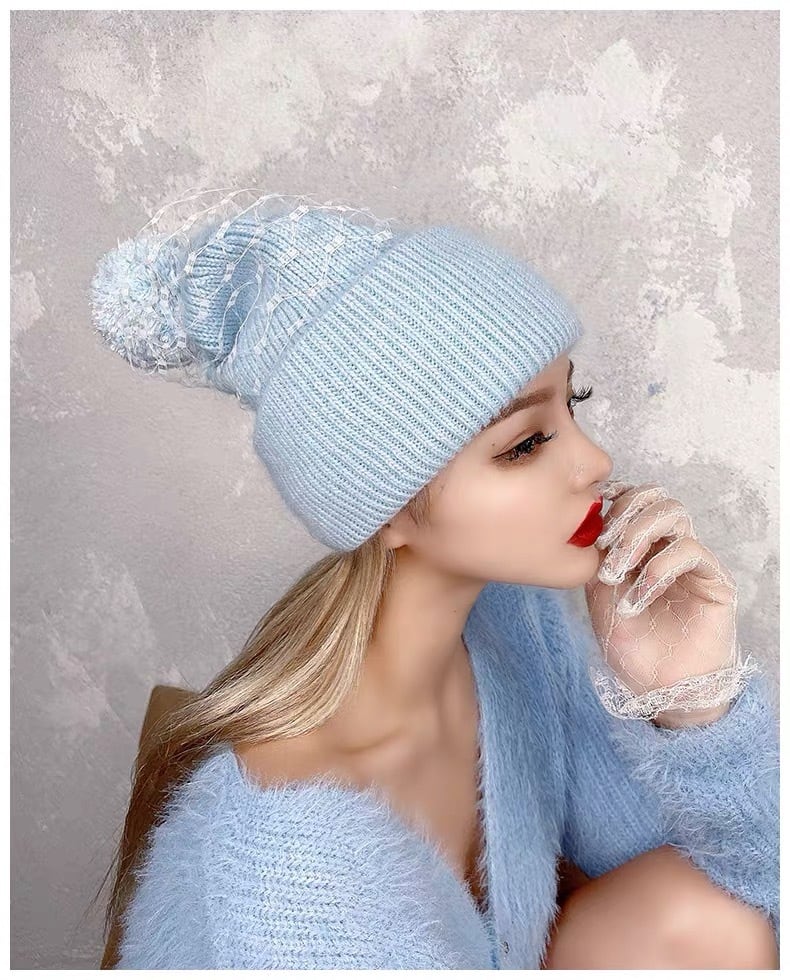 ブルー 水色 ニットの帽子 ハット ボンボン | LOVEYsmileSHOP