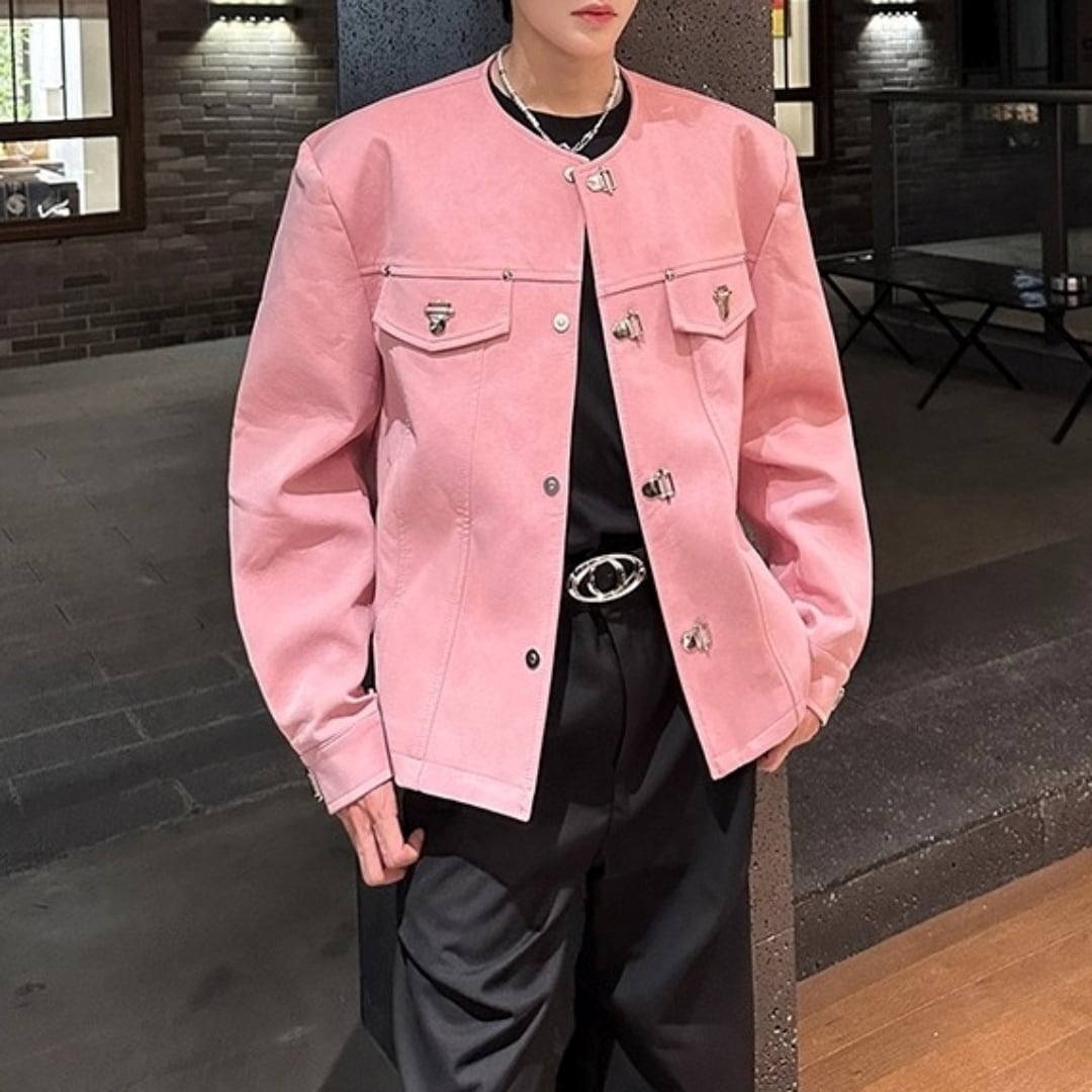 メタルバックル ノーカラーPUレザージャケット 2カラー D12058