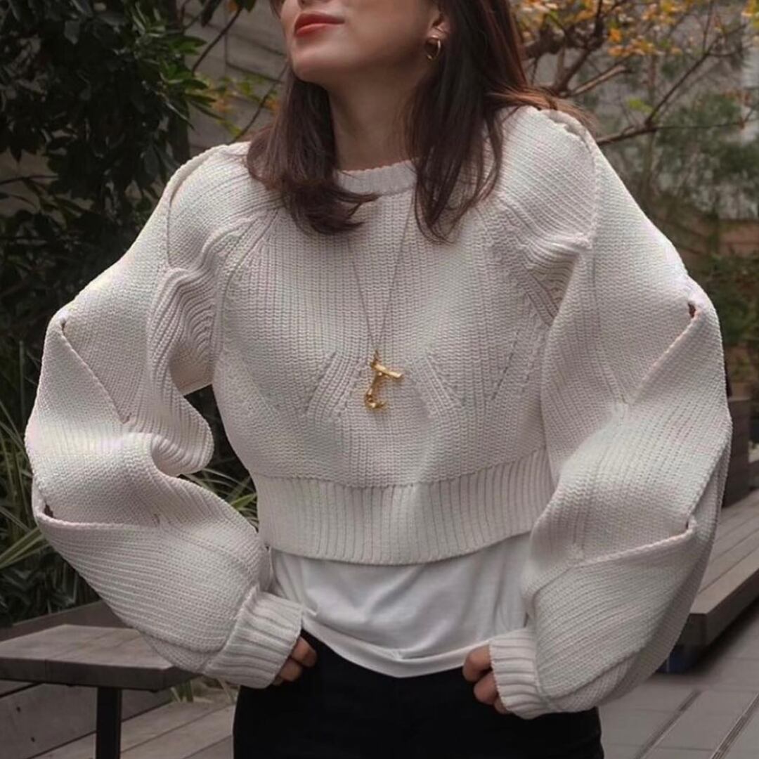 Twist sleeve back open knit pullover G1104