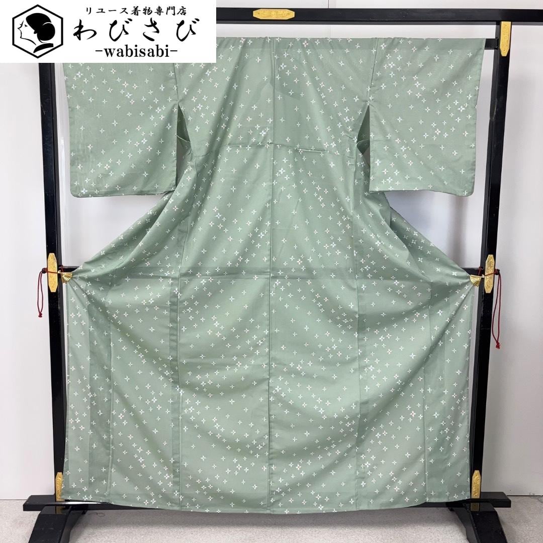 夏着物 浴衣 うちわに花模様 留紺色 トールサイズ しつけ糸 K-5979