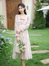 【0264】Pink Flower Ribbon Long Sleeve Dress