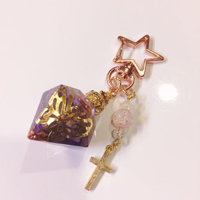 ダイヤ型オルゴナイト☆*キーホルダー☆*チャロアイト精神的な疲れを