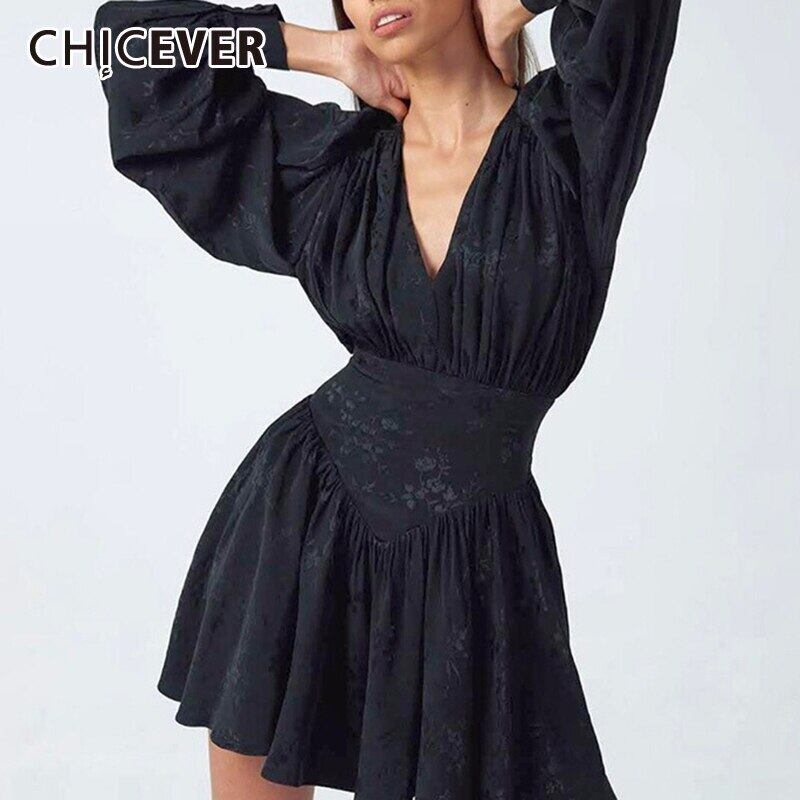 CHICEVERパッチワークプリントレディースドレスVネックウエストチュニックランタン長袖フリルミニサマードレス2020 ロング ラッフル 夏物 6base562236244886