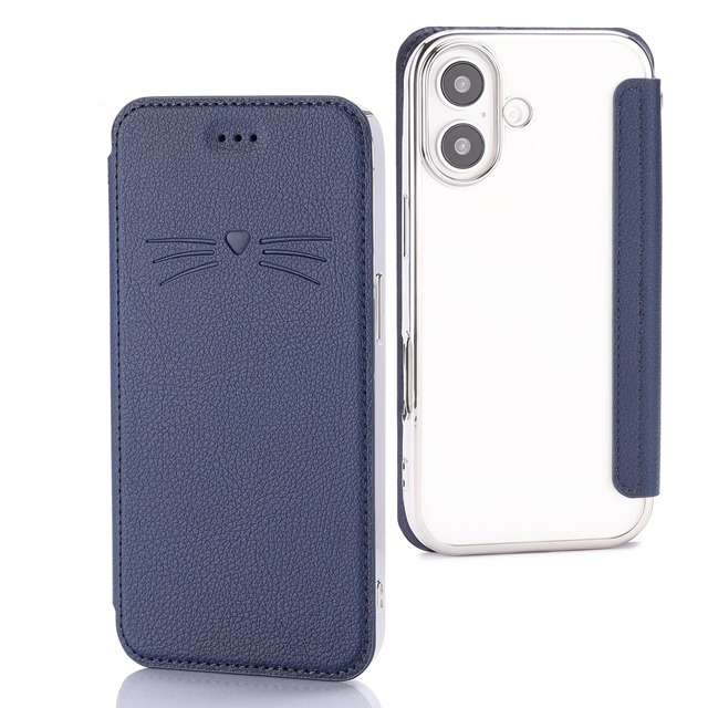 iPhone17 携帯ケース 手帳 背面クリア 型押しの猫柄 シンプル アイフォン17 手帳型 カバー 薄型 ストラップ ホール スリム Qiワイヤレス対応 ACkaban 手帳型 iPhone17 ケース マグネット無し ベルトなし 使いやすい カードポケット付き 男性 女性対応 カップル 素敵 ダークブルー