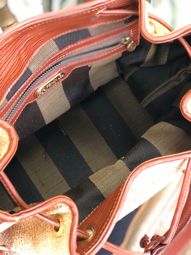FENDI フェンディ　ロゴ　ペカン柄　リネン　バニティ　2way　かごバッグ　ハンドバッグ　ショルダーバッグ　vintage　ヴィンテージ　オールド　4n2k5b