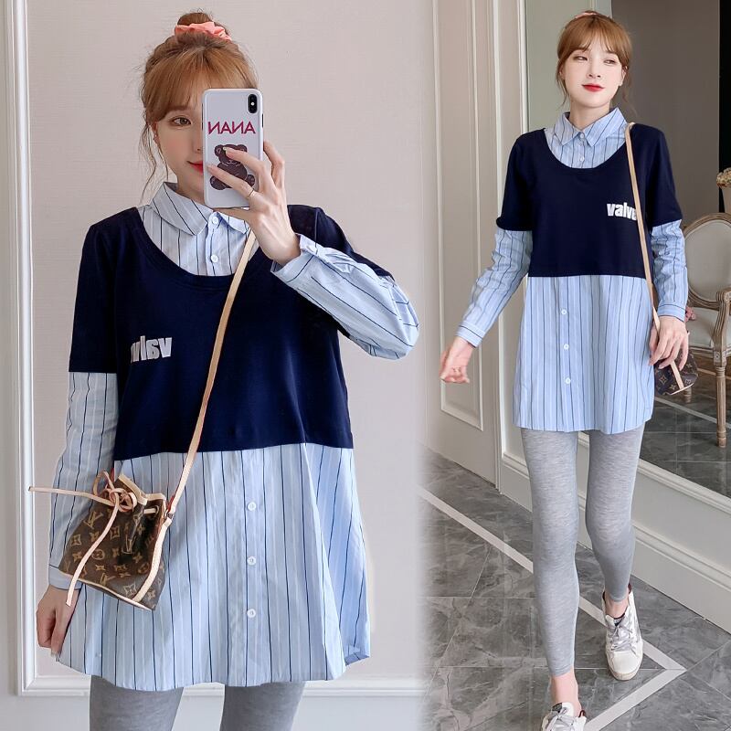 【新作】【送料無料】 9181＃マタニティ服春秋長袖偽ツーピースルーズスタイリッシュドレス妊婦ママドレス ロング スプリング 春物 オータム 秋物 AL expec398496644365