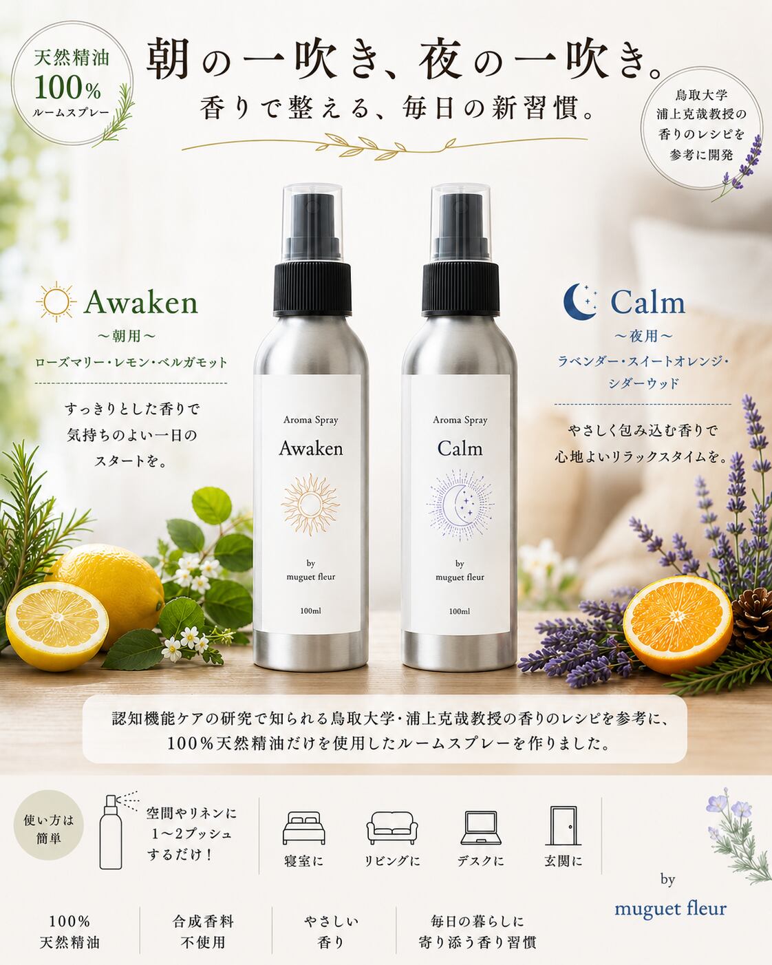 【朝と夜、香りを変える新習慣】天然精油100% アロマルームスプレー 100ml(Awaken/Calm)