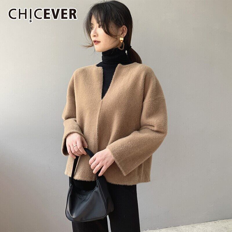 CHICEVERベージュニットセーター女性Vネック長袖特大厚手ルーズプルオーバー2021秋 ロング オータム 秋物 6base517344798369