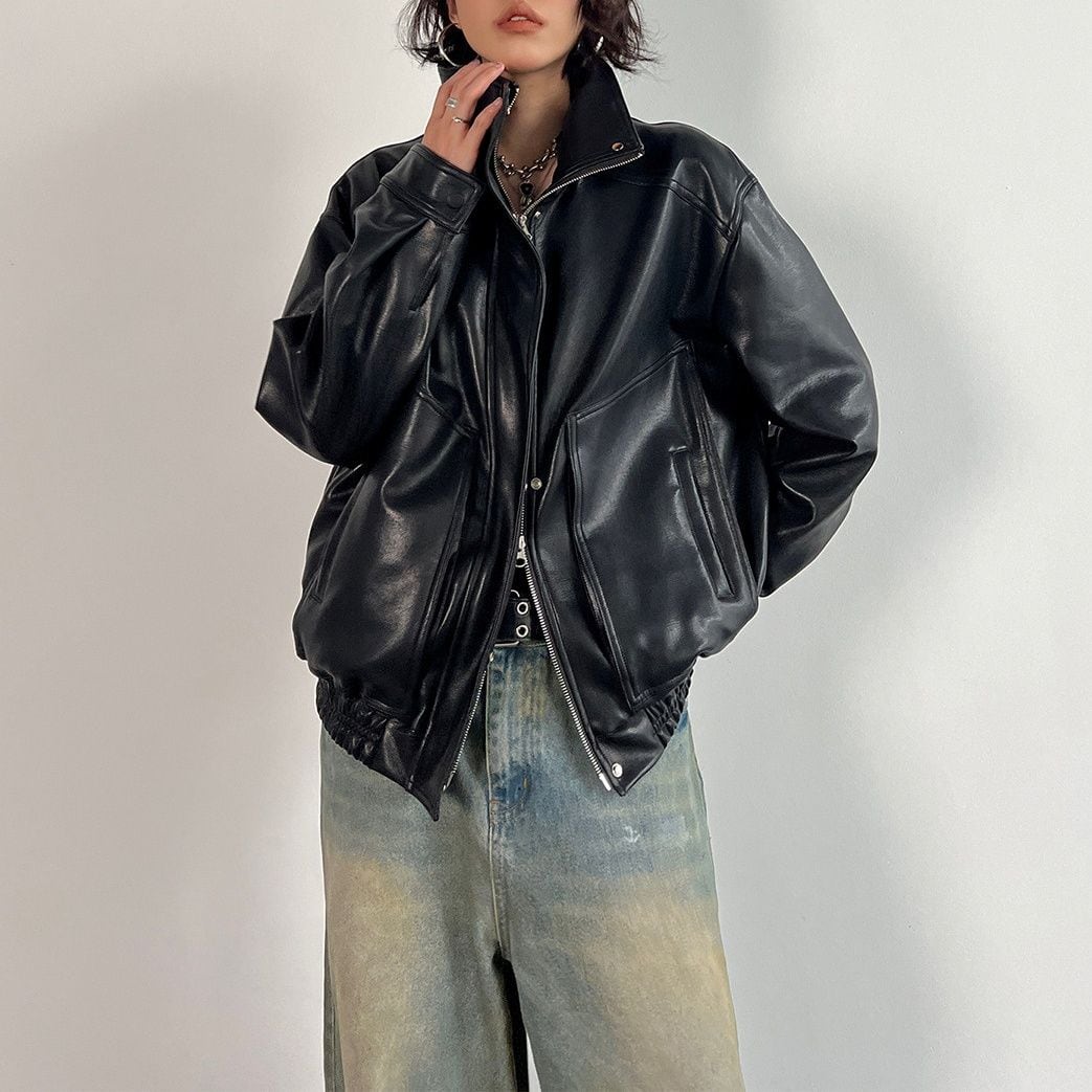 VINTAGE OVERSIZED HIGH COLLAR PU JACKET M-18492