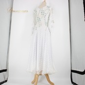 社交ダンス 衣装 スタンダード ドレス ワンピース パーティ衣装 オールシーズン solo 白 ホワイト系 ブルー系 シルバー系 ラインストーン ドレスアップ カジュアル フェミニン おしゃれ かわいい 透け感 ストレッチ 通気性 夏用 秋用 胸元デザイン 袖付き 成人式 結婚式 二次会 パーティー 舞台衣装 イベント用 ステージ衣装