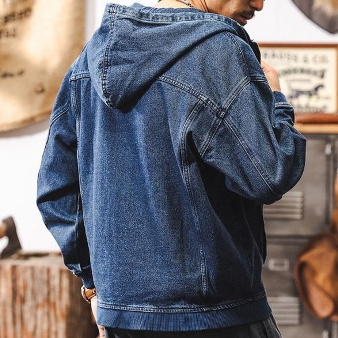 Hooded Zip-Up Hip-Length Denim Jacket ◇H0836