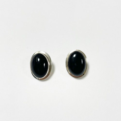 Vintage Sterling Silver & Onyx Oval Pirced Earrings