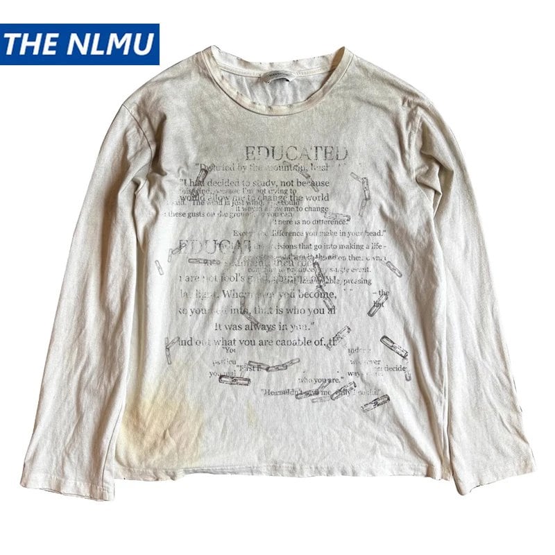 ヴィンテージ長袖 Tシャツレターグラフィックダーティウォッシュ Tシャツルーズカジュアル Tシャツトップスユニセックスレトロ Tシャツ Y2K