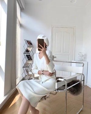 フロントボタンVネックリブワンピース A0898