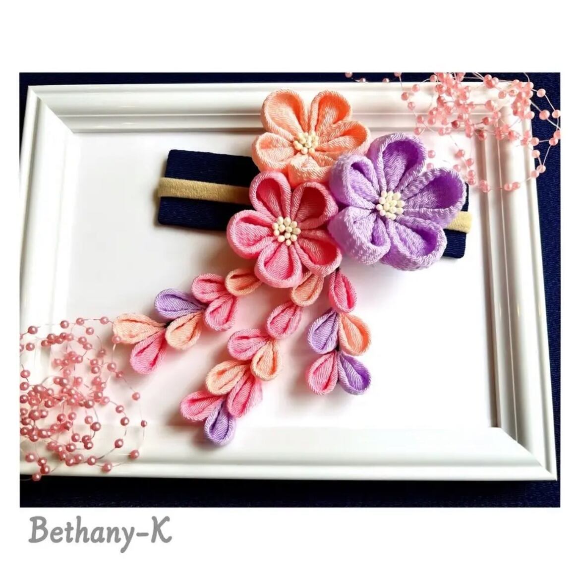 七五三・卒業式に◇大きくて可愛いつまみ細工の髪飾り(下がり付き)◇桃