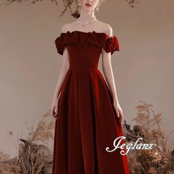 ベルベット調 ウエディング カラードレス オフショル 背中 編み上げ(M7981)π