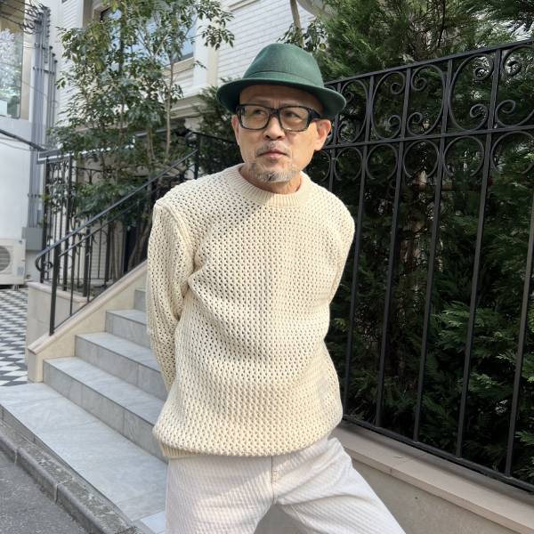 アイボリー かぎ編みニットトップス オーバーサイズ 長袖 メンズ