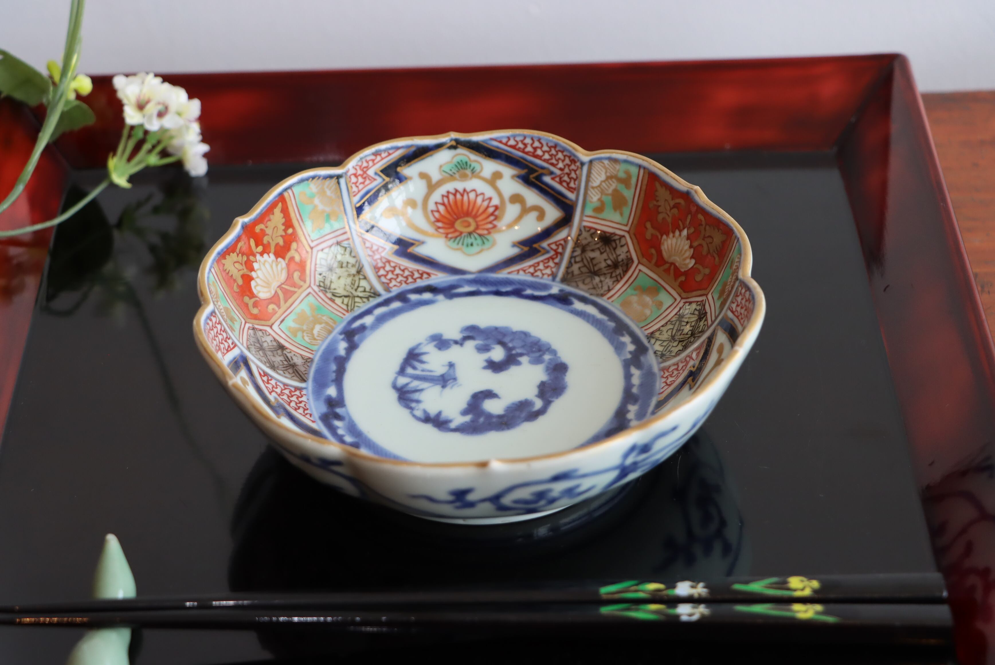 古伊万里　色絵松竹梅なます皿　五客　蛇の目高台　赤絵　緻密な絵付け　古器を楽しむ 膾皿 古伊万里 色絵 花松竹梅文 | (有)新原美術