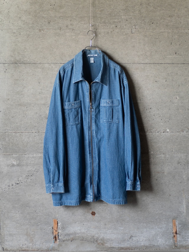 "Club Z Denim" '90s vintage Indigo small plaid zip shirt