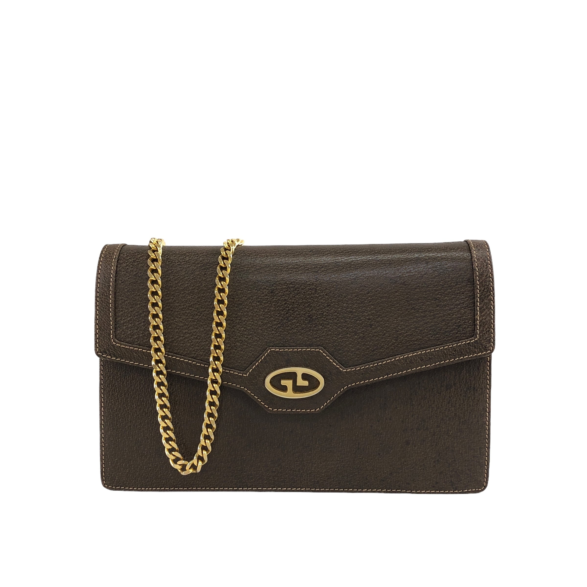 GUCCI グッチ ショルダーバッグ ブラウン インターロッキング レザー