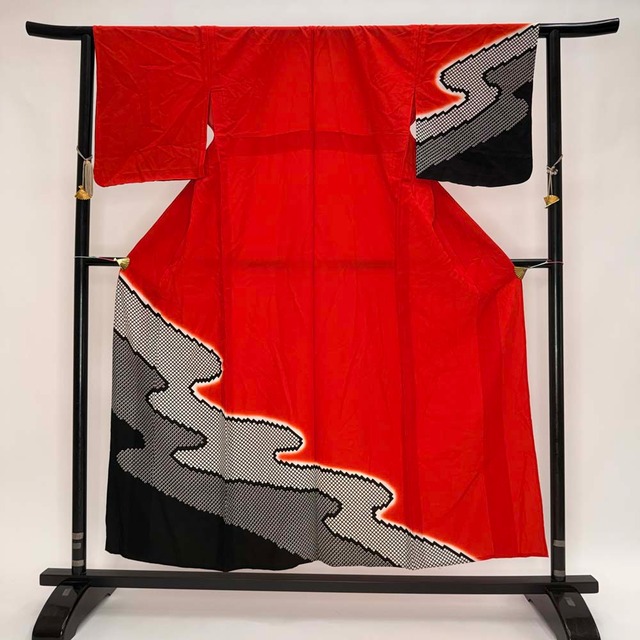 訪問着 付け下げ 単衣 洗える着物 礼装 ポリエステル 裄62cm 身丈154cm S サイズ 赤 黒  5361