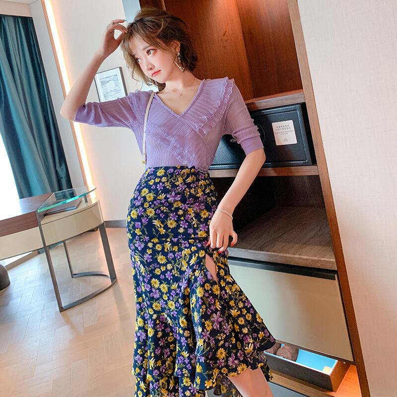 プリーツメッシュニットセーター ハイウェストウェストラッフルプリント柄スカート スプリング 春物 MIUCO98868436797