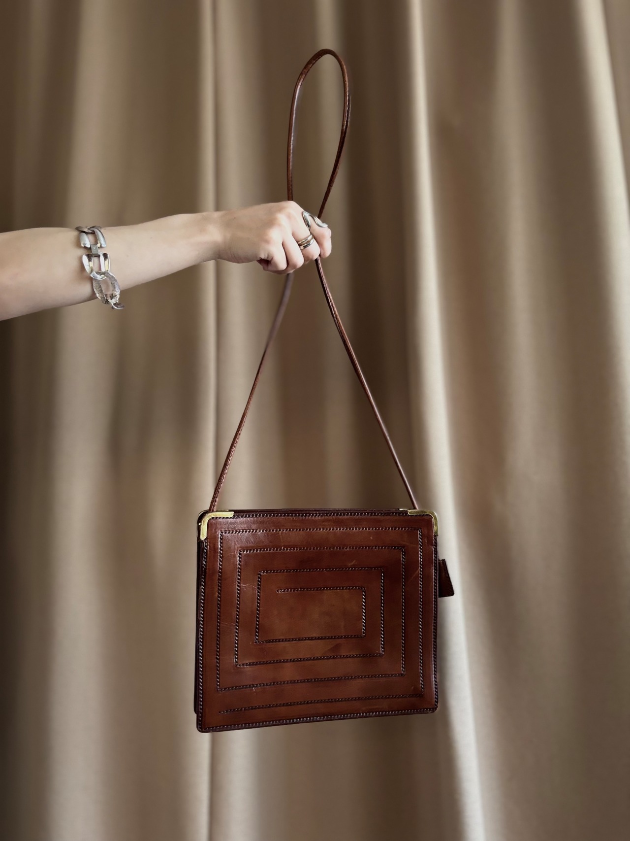 vintage brown leather square shoulder bag-5137-7