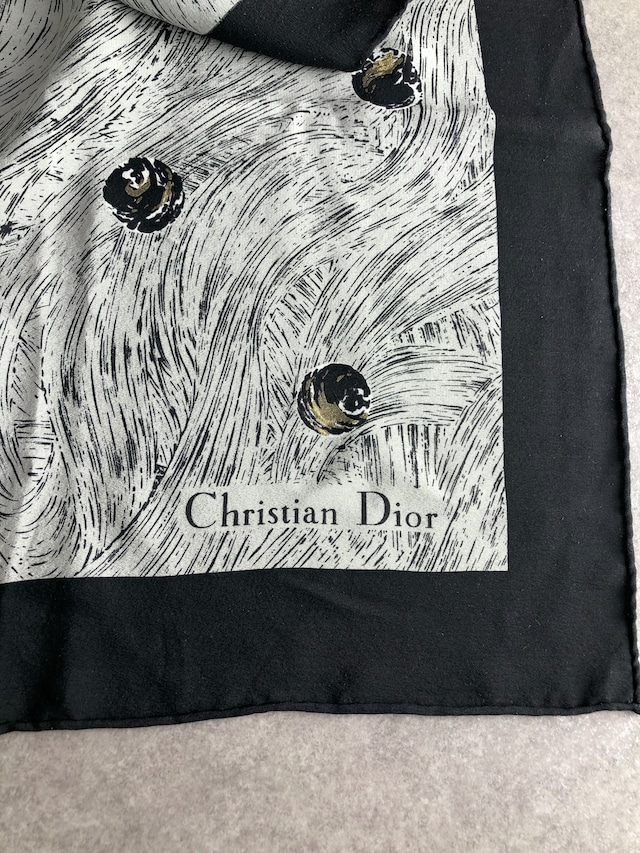 Christian Dior クリスチャン ディオール スカーフ ホワイト×グレー ムーン シルク vintage ヴィンテージ オールド 47xbcu