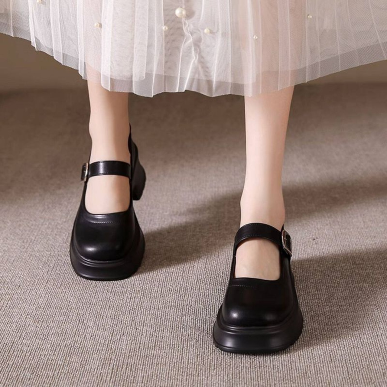 ストラップ  厚底 プレーントゥ シューズ  90015