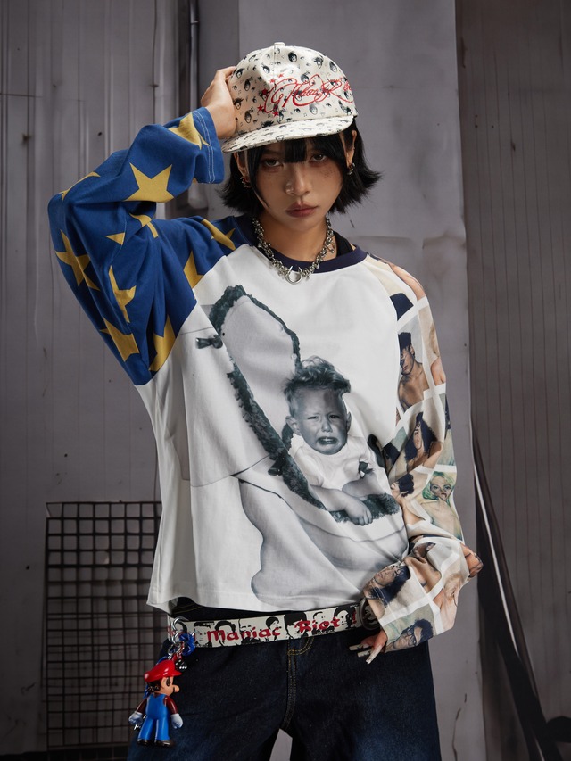 【CODONA SELECT】アシンメトリーラグランスリーブ × グラフィックプリント 長袖Tシャツ