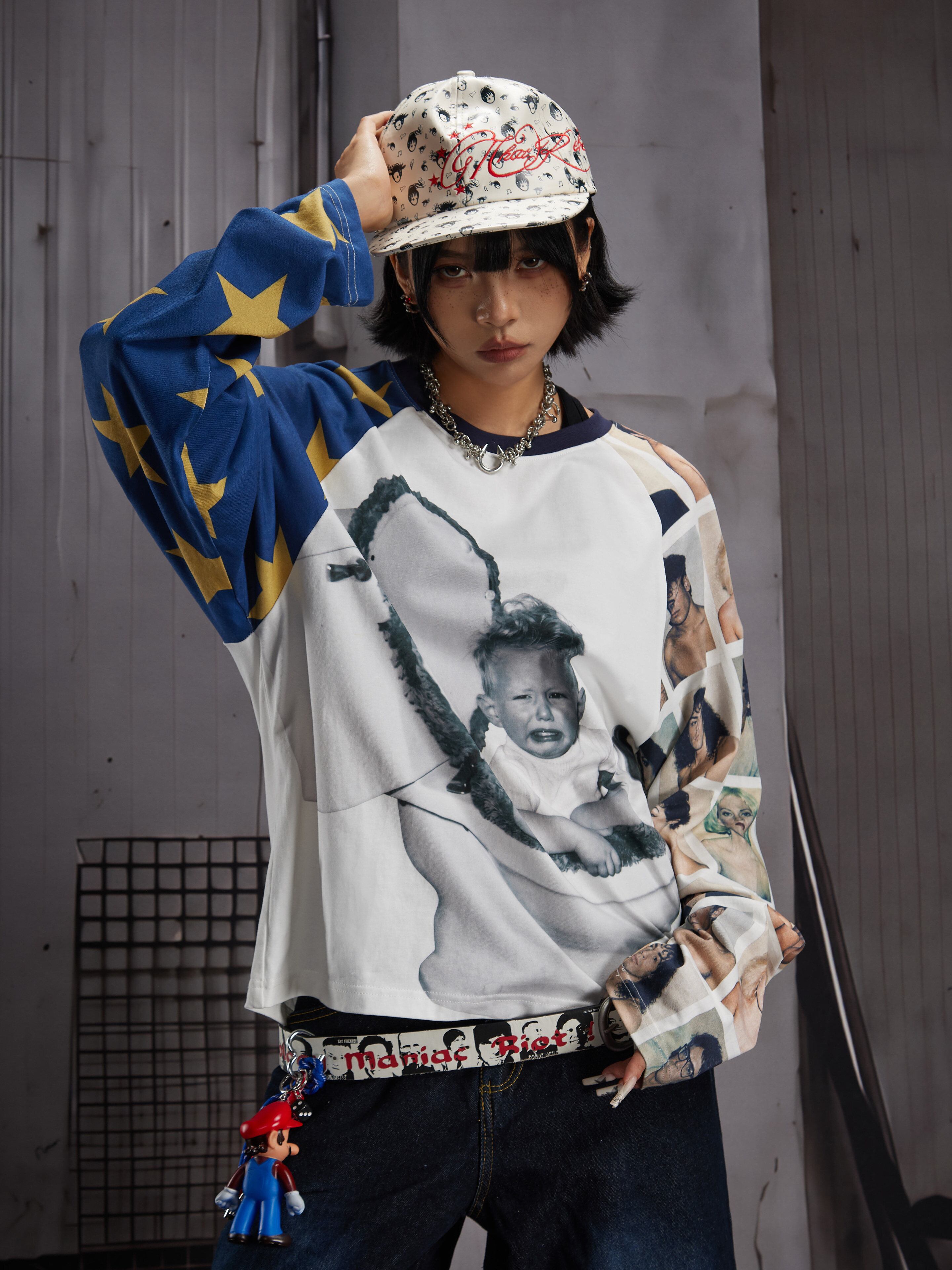 【CODONA SELECT】アシンメトリーラグランスリーブ × グラフィックプリント 長袖Tシャツ