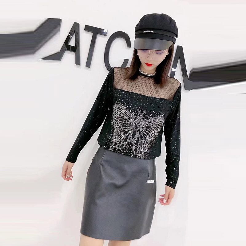 ファットmmスリミングプラスサイズレディースメッシュブライトダイヤモンドボトミングシャツ2020新しいトップTシャツ年齢削減秋冬潮 ミックスインファッション64950211806