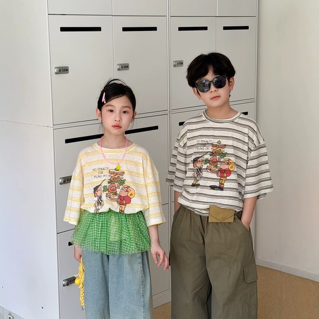 【KID】サンドイッチプリントストライプ半袖Tシャツ - 4