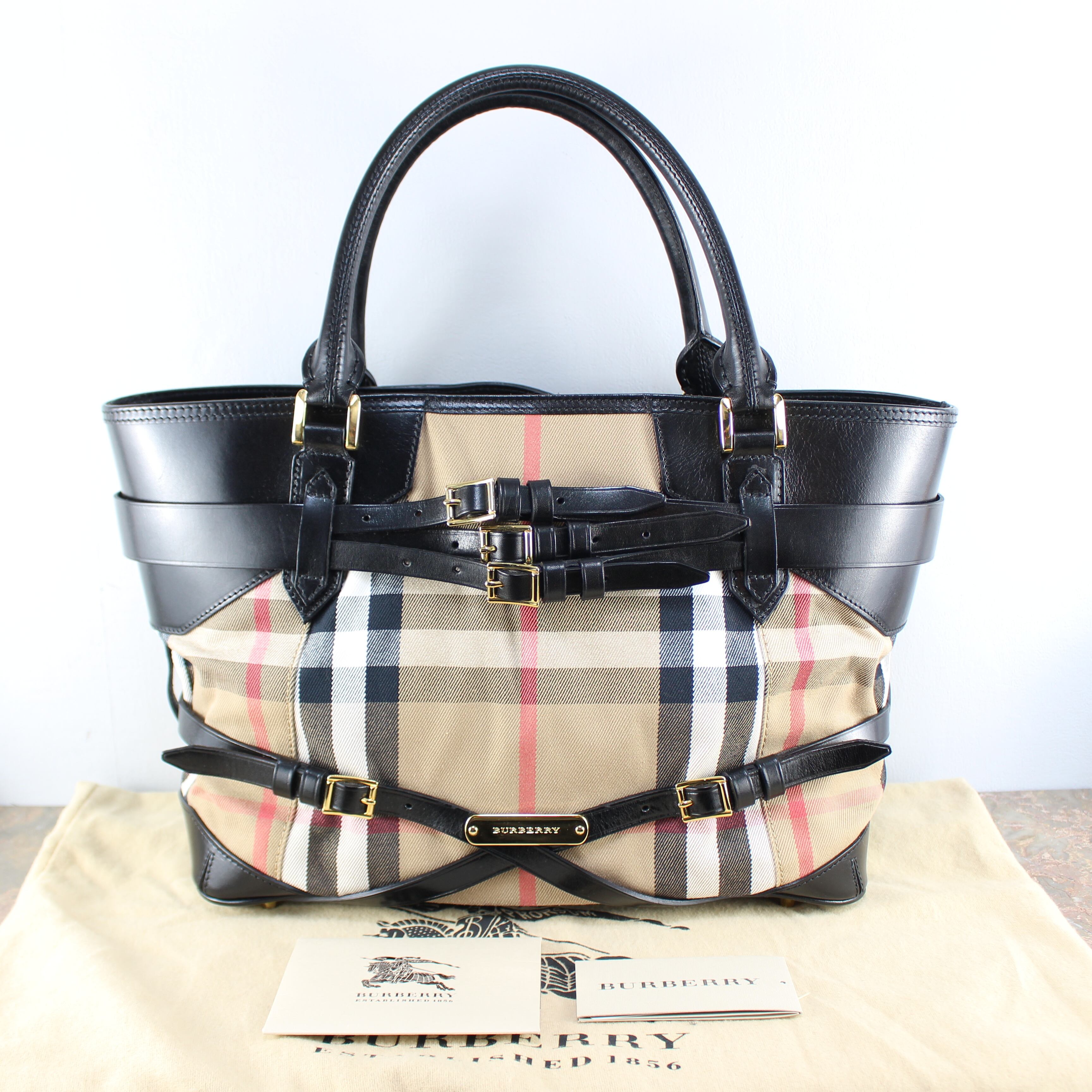 BURBERRY バーバリーチェック柄ベルテッドブライドルレザートートバッグ-