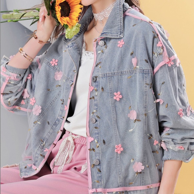 girly cute mesh embroidery pink flower denim jacket 0132
