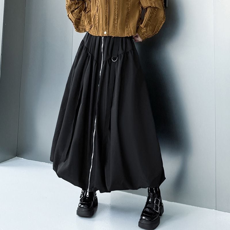 BLACK ELASTIC WAIST A-LINE BALLOON LONG SKIRT 1color M-15159