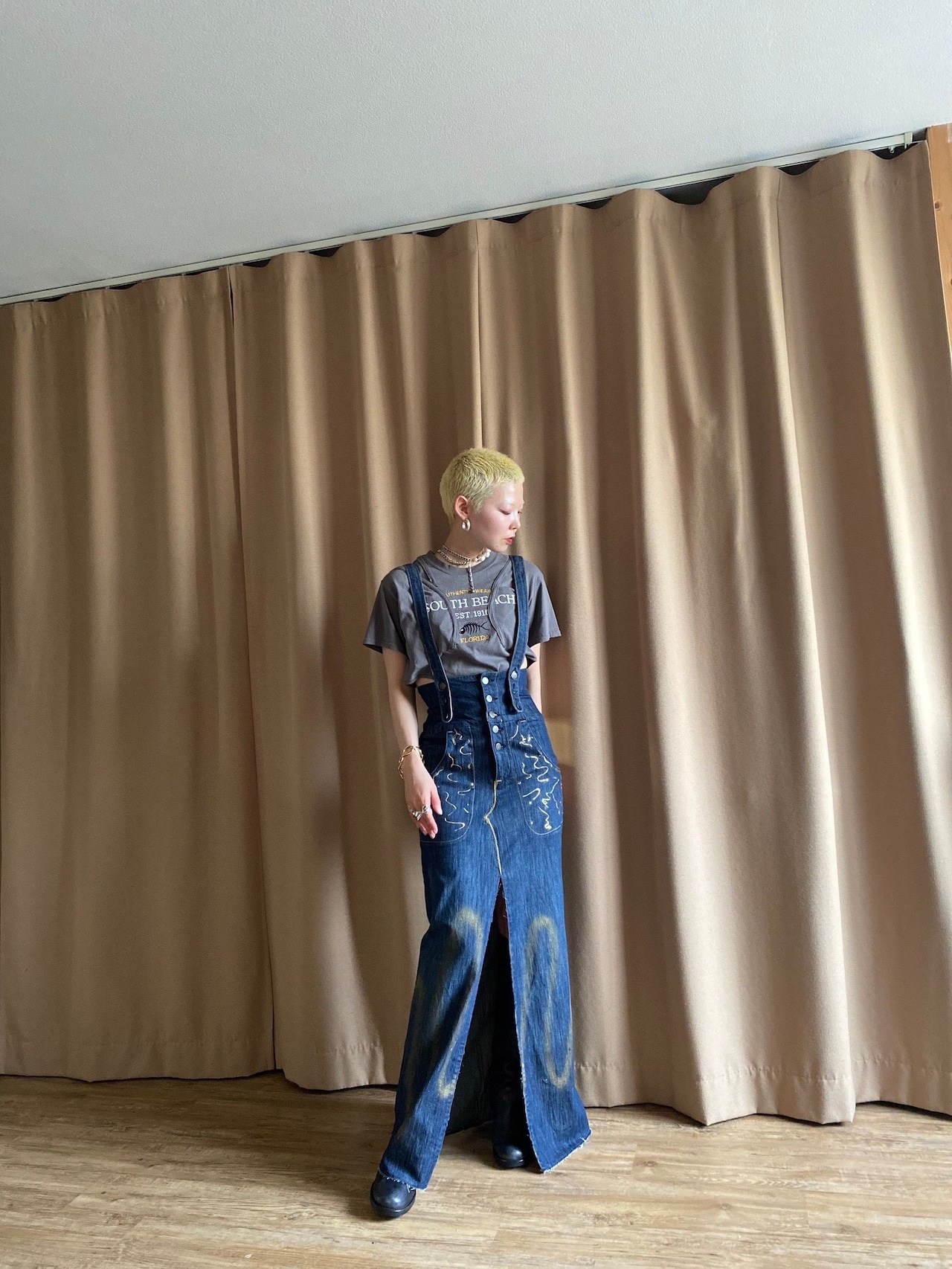 gold paint design remake denim skirt-4194-6