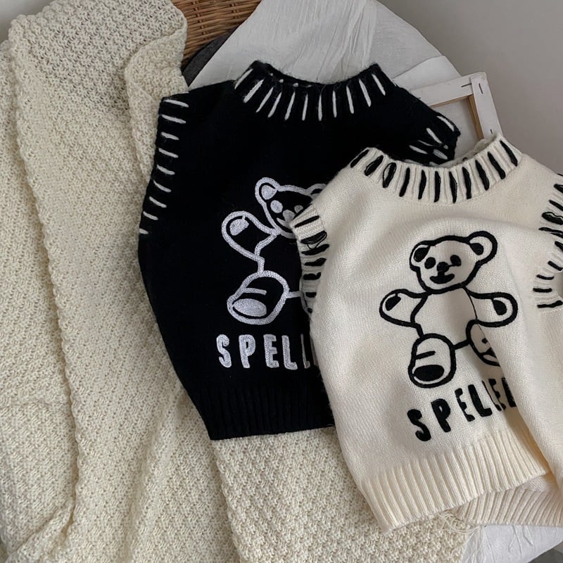 【3.7即納BABY&KID】テディベア柄ニットベスト 全2色