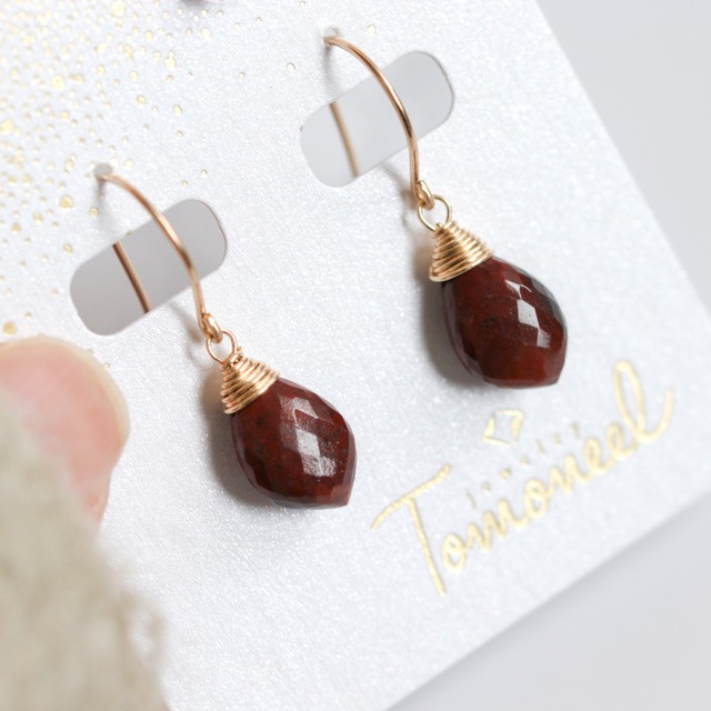 14kgf｜こっくりブラウンレッド｜クレイジーレースジャスパーの天然石ピアス