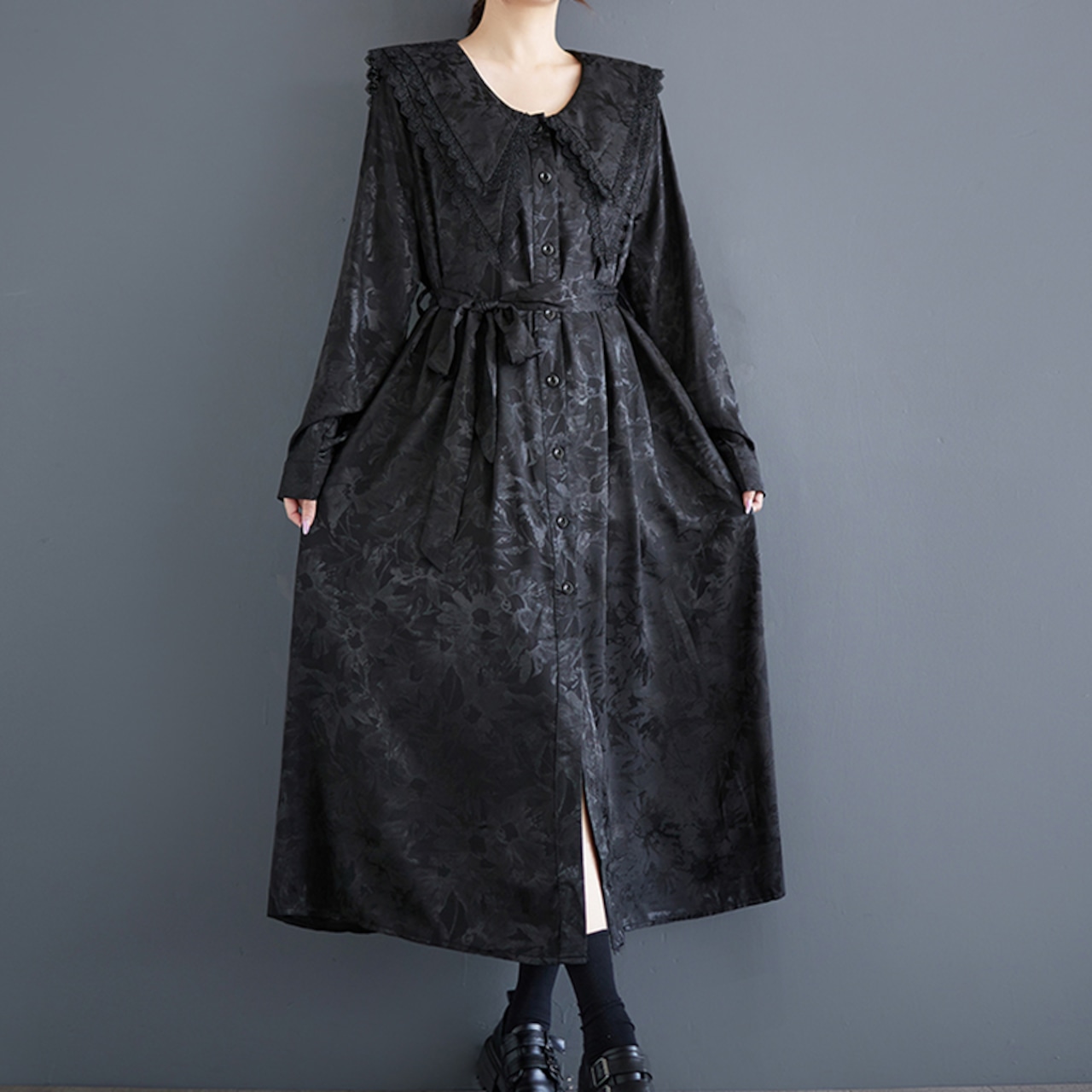 ジャガード ドールカラー ブラックワンピース 00035