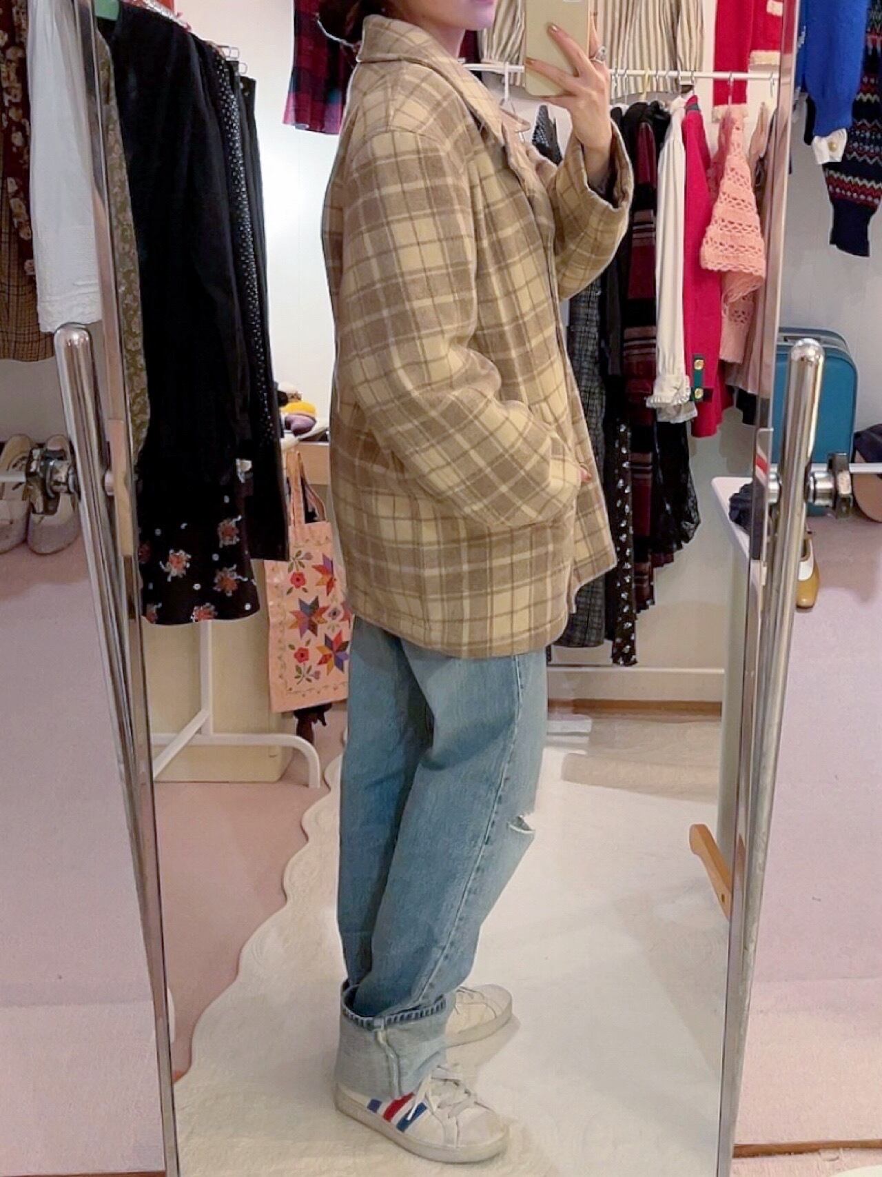 cream check big pea coat