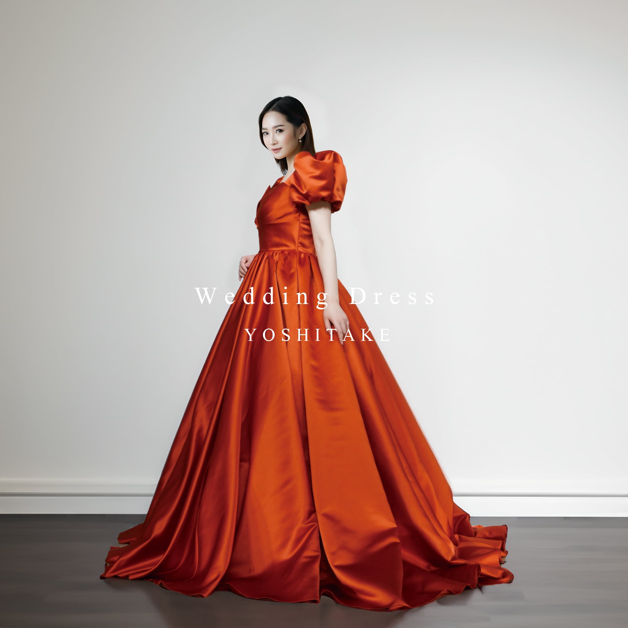 オレンジ カラードレス パーティドレス ロングドレス ワンピ Ａライン パフスリーブ 結婚式 発表会 撮影 パニエ付 オーダーサイズ可 D158 オーダー制作】ウエディングドレス(無料パニエ) ウエディングドレス