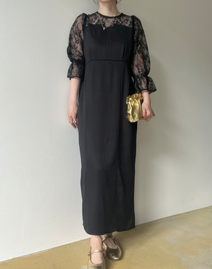 【即納】異素材切替Iラインワンピース【ブラック×ブラック】