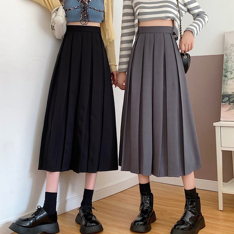 ブラックハイウェストウェストスカート スプリングオータムAラインプリーツロング 春物 秋物 スーパーモール26954323934