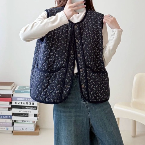 3色／小花柄キルティングリバーシブルベスト ・12705