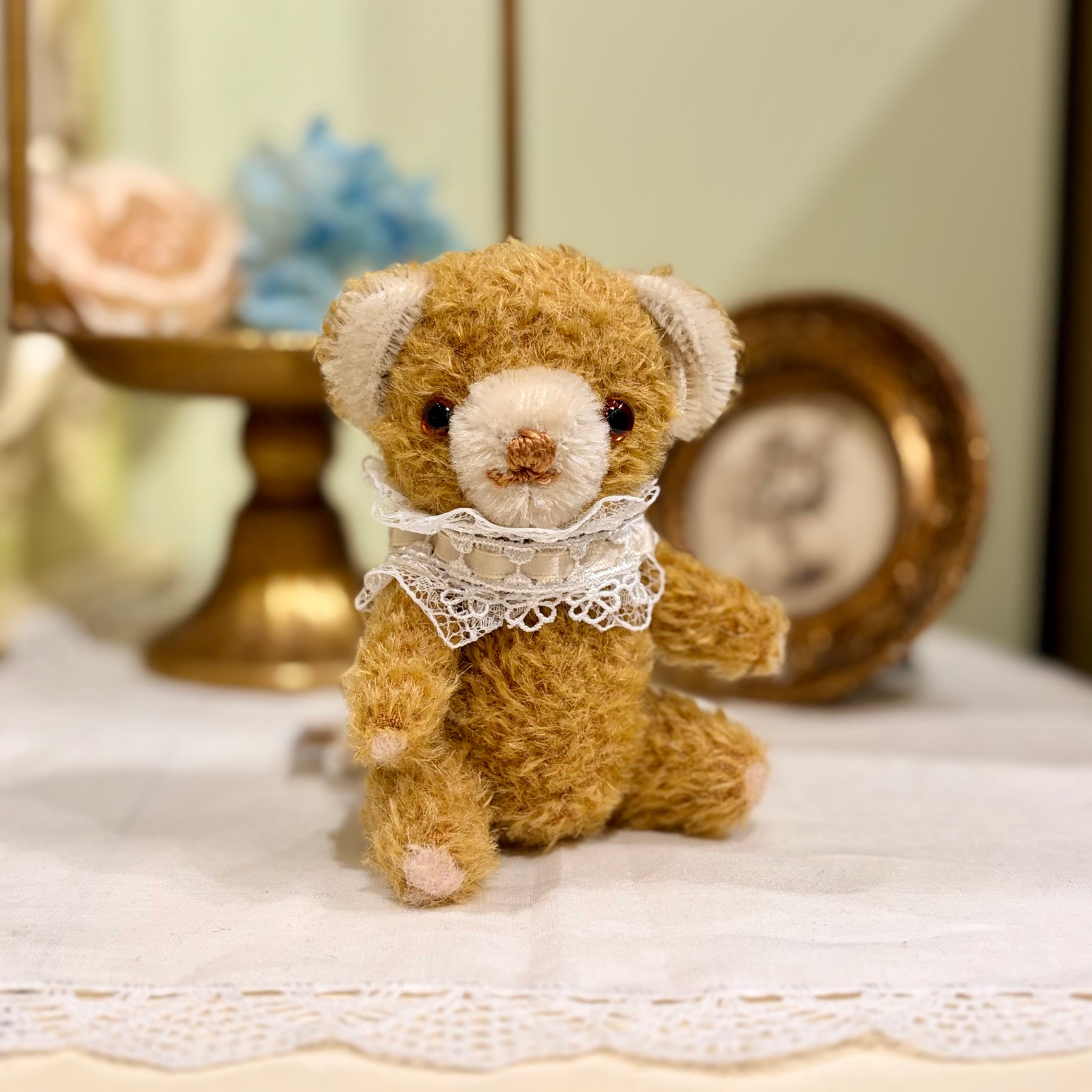 Sold※作家様作品 まつもとようこ テディベアNo.9 クリーム・水色リボン