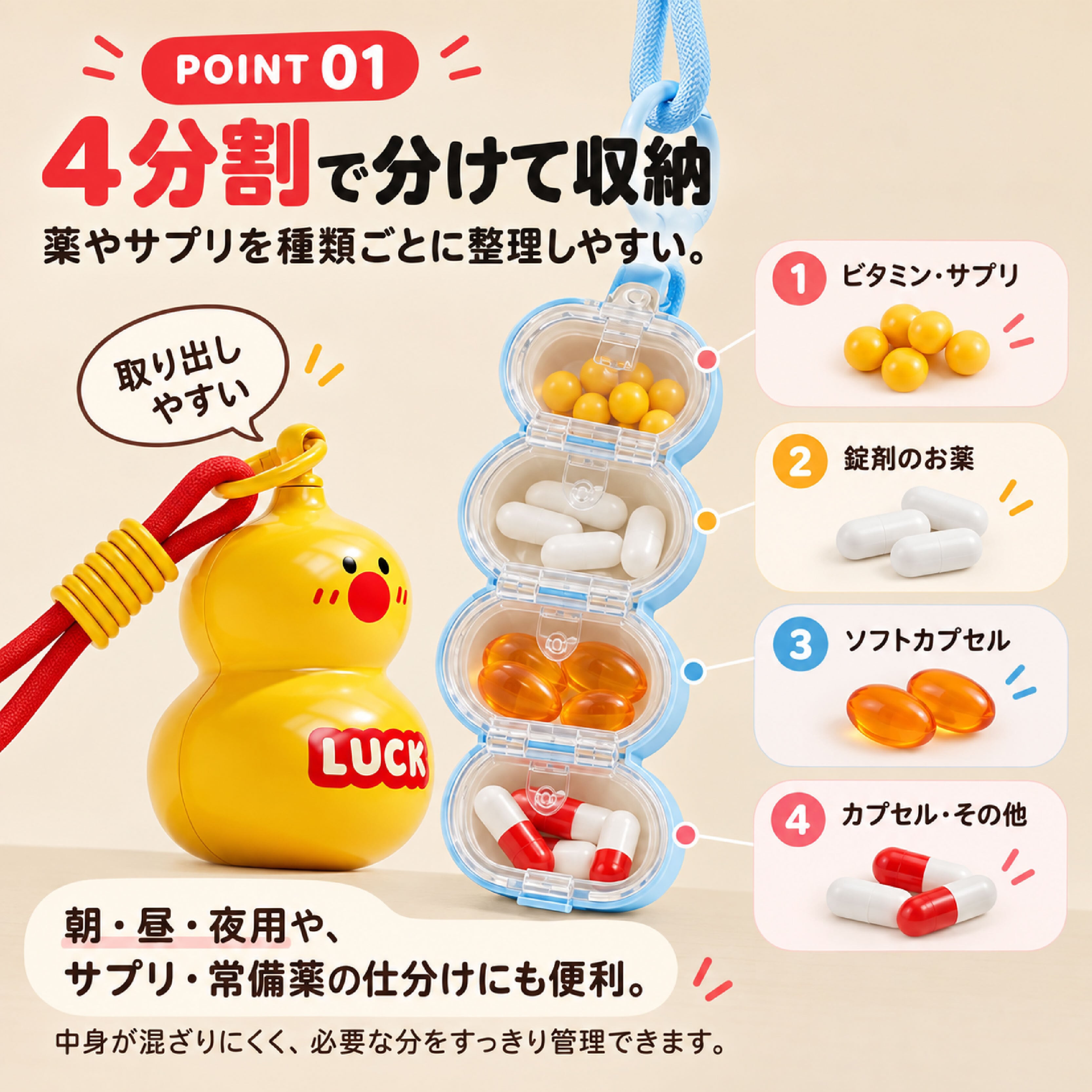 HY 1040 .携帯用ピルケース 2個セット 4分割 マグネット式 薬ケース