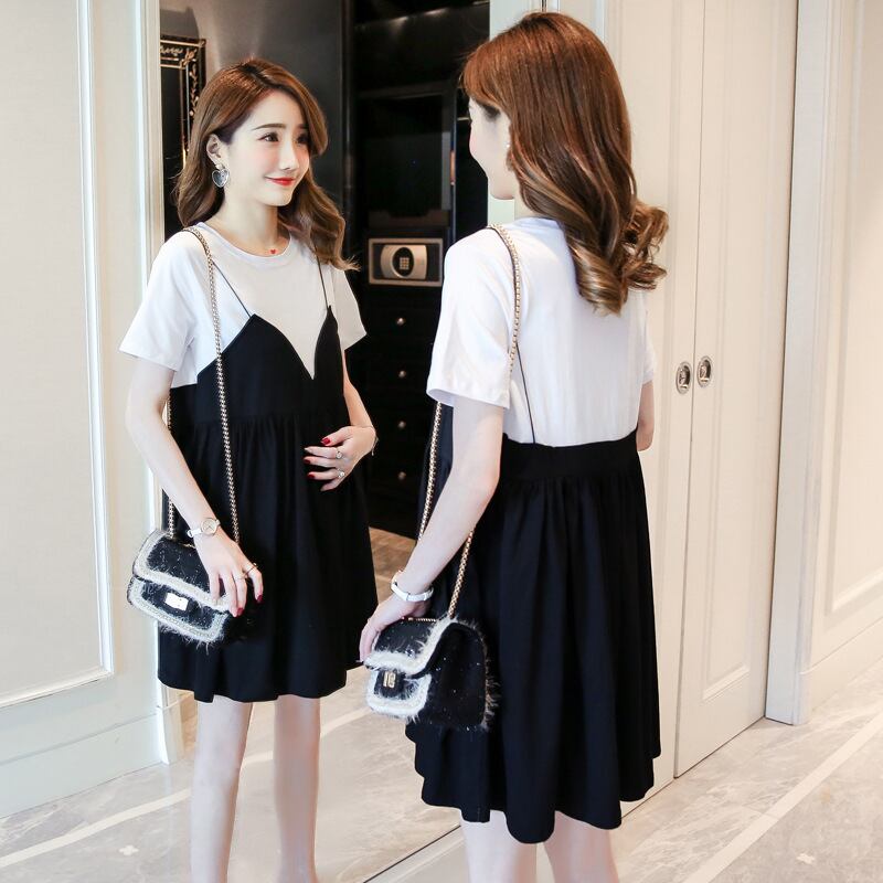 【新作】【送料無料】 マタニティ春2019夏バージョンの新しいファッショントレンディなママステッチルーズフェイクツーピースプラスサイズのマタニティドレス-アリババ 大きめサイズ スプリング 春物 サマー 夏物 expec268126317487