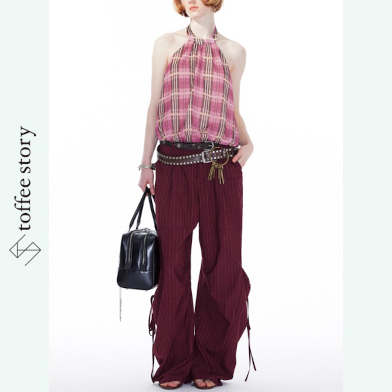 曲線を纏うワインレッド・レイヤードパンツ 《B0017》